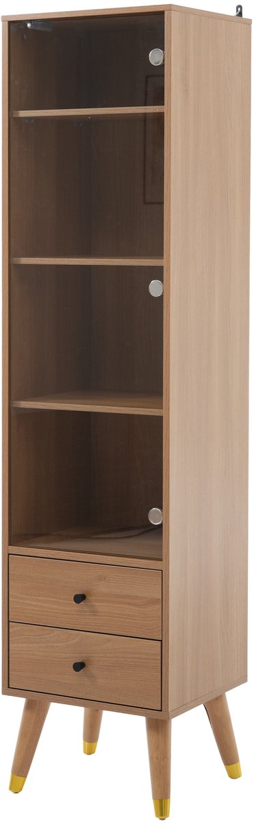 Vitrinekast - Hoge Opbergkast - Met Glazen Deur - Push-to-Open En 2 Lades - Verstelbare Planken - Woonkamer En Kantoor - 39,8x35x160 cm - Houtlook