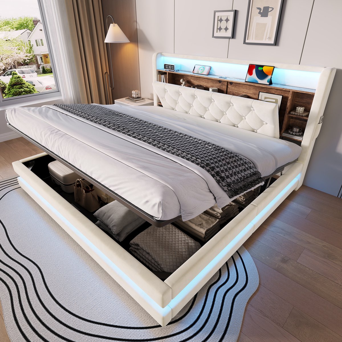 STILVORA Gestoffeerd Bed 180 x 200 Cm – Opbergbed Met LED, USB En Type C – Hydraulische Stauraum – Tweepersoons – Fluweel – Beige Zonder Matras