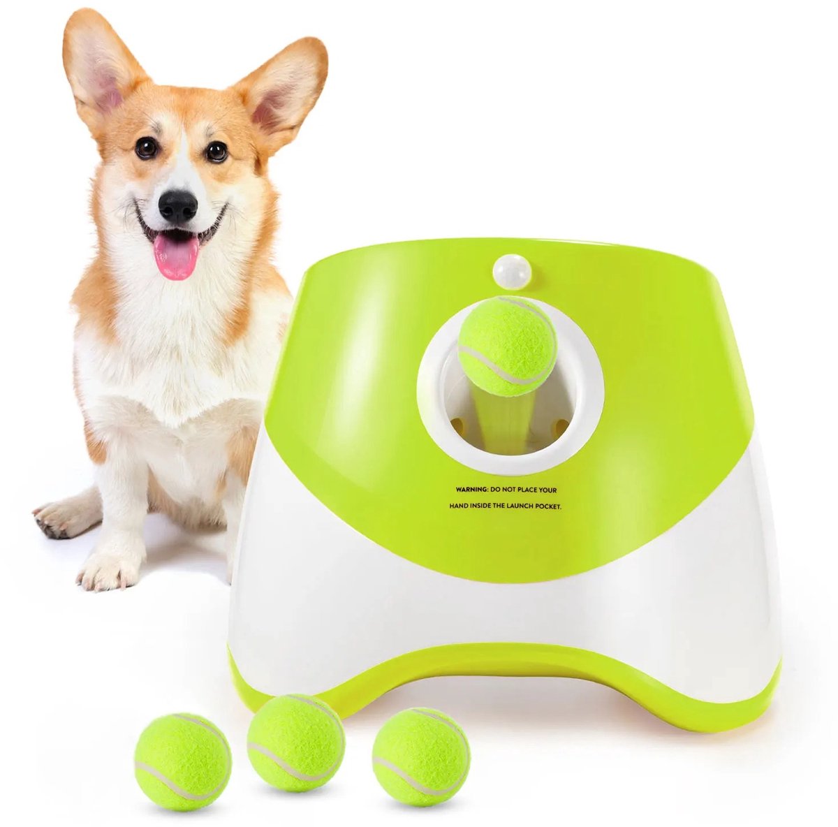 Cherrys Finds - Automatische ballen werper - Honden ballen gooier - Jagen Speelgoed - Mini Tennis Gooien Flipperkast - Leuke Interactieve Worp Oplaadbare Katapult - inclusief 3 tennisballen - Wit en Groen