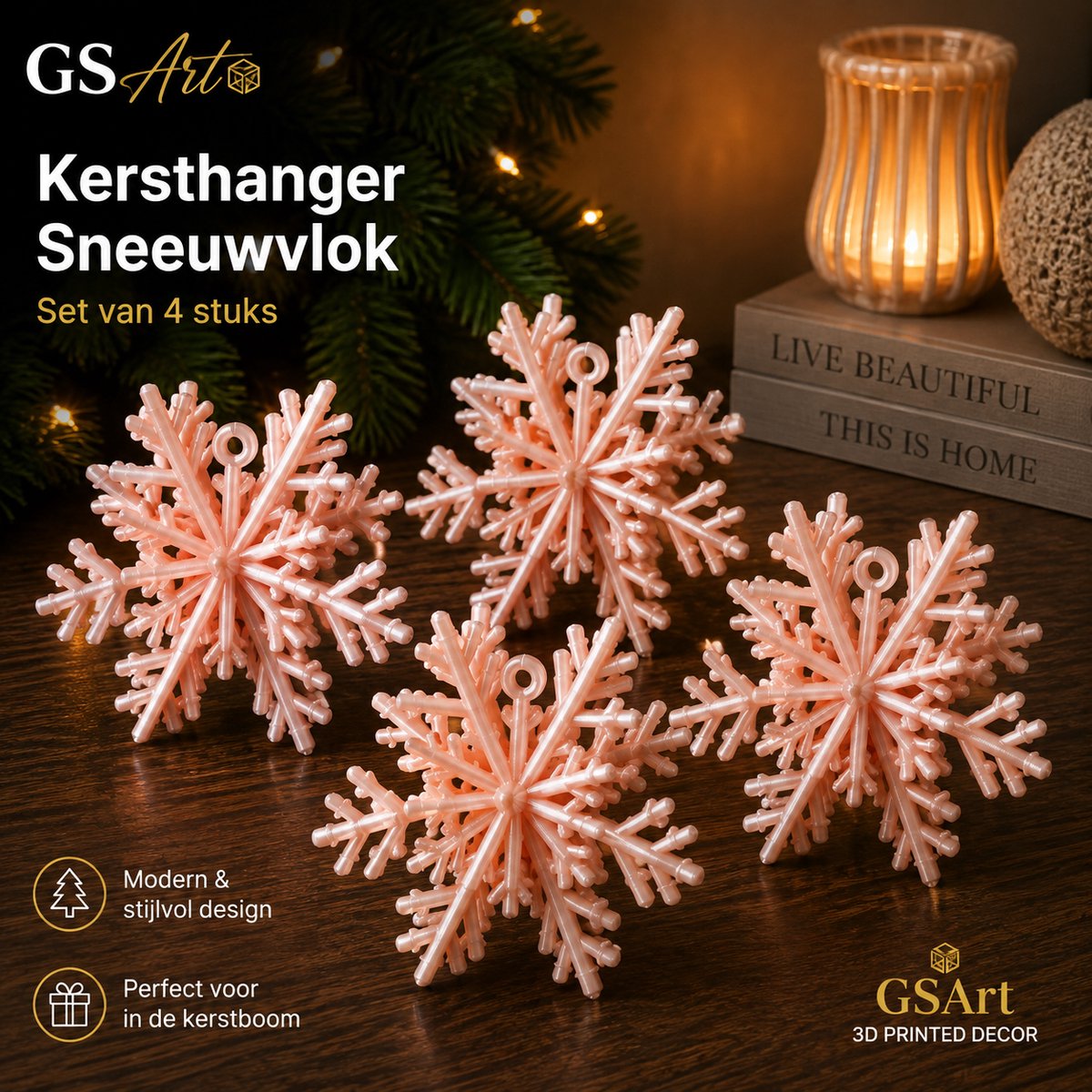 GSArt Kersthangers Sneeuwvlok – Set van 4 stuks - Zijde Roze