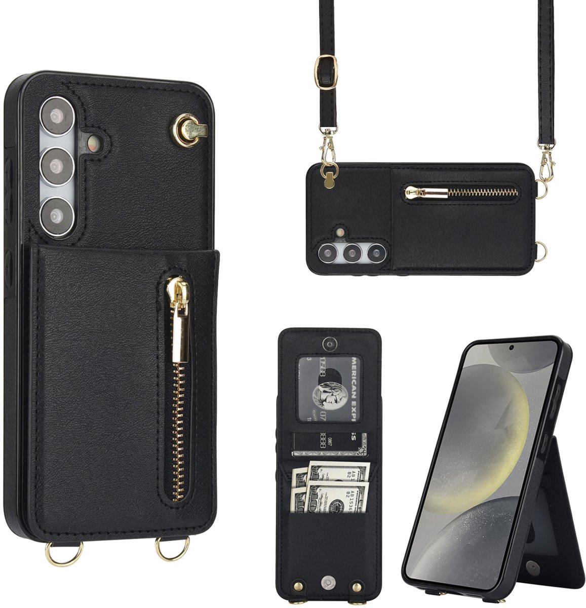 Multimedia & Accessoires Portemonnee Hoesje met Koord geschikt voor Samsung Galaxy S26 - Zwart - Pasjeshouder – Ritsvak - Luxe Kunstleren - Backcover – Standaard