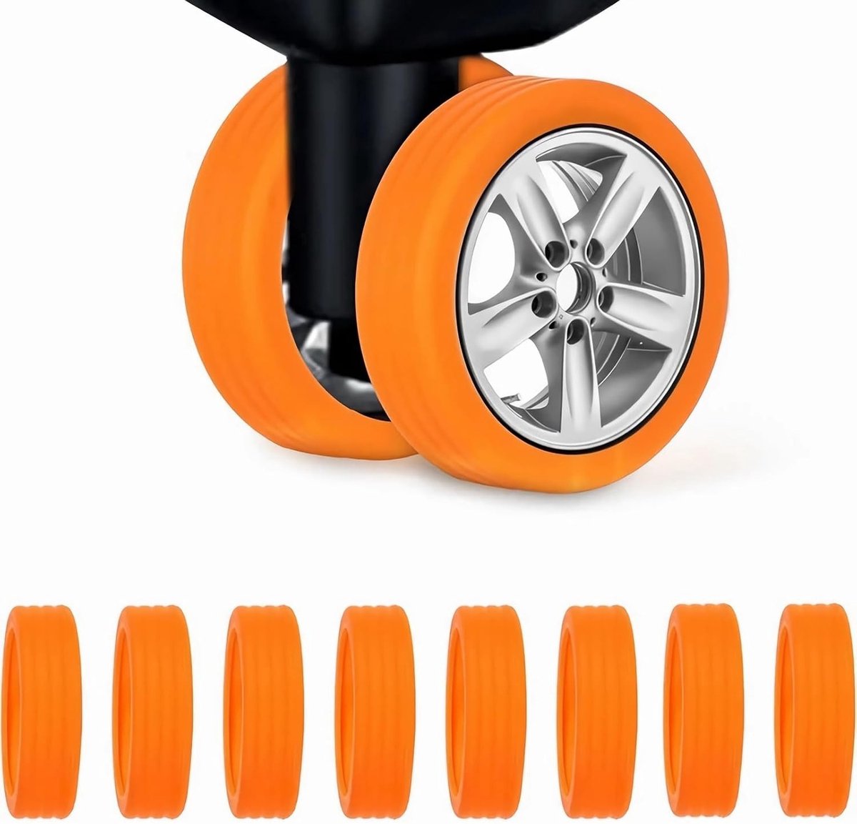 Set van 8 Stuks Koffers Wielen Bescherming, Siliconen Geluidsdempende en Schokabsorberende Trolleyhoes voor Handbagage met Spinner Wielen in Oranje