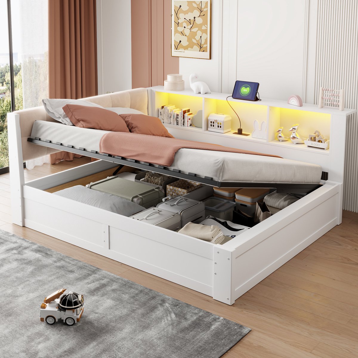 STILVORA Bed 140x200 cm – Opbergbed Met LED Verlichting En USB Aansluiting – Hydraulische Opbergruimte – Voor Slaapkamer – Wit – Zonder Matras