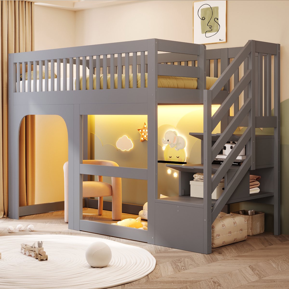STILVORA Halfhoogslaper 90 x 200 cm – Kinderbed met LED Verlichting en Trapopbergruimte – Speelruimte Onder Bed – Hout – Grijs Zonder Matras
