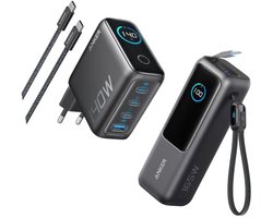 Anker PowerCore 25K Powerbank 25.000mAh - 165W - 3x 100W USB-C Poorten - Zwart + Anker 140W USB-C oplader - Geschikt als lader voor laptops - 4 poorten voor snelladen van meerdere apparaten