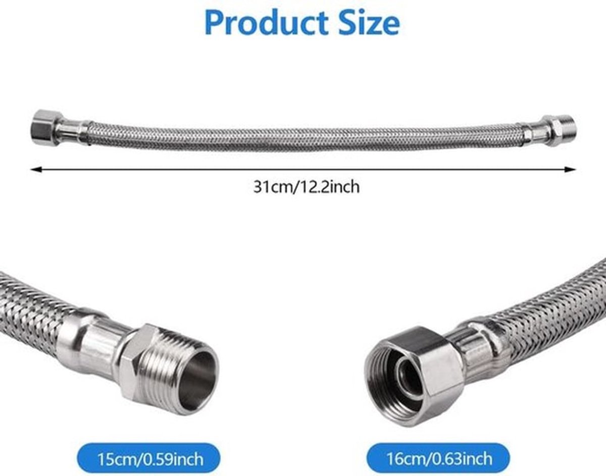 Verbindingsslang Roestvrij Staal - Flexibele Slang - Pantserslang 3/8 Inch - Aansluitslang Armatuur - Waterverwarmer - 31 cm Lengte