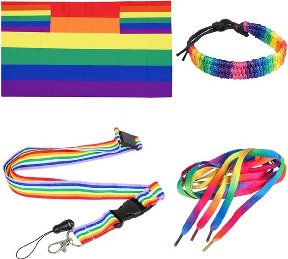 Pride Accessoires Pakket 4 Stuks - Regenboogvlag Cape - Lanyard - Schoenveters - Armband - Volwassen Maat - Pride Kit