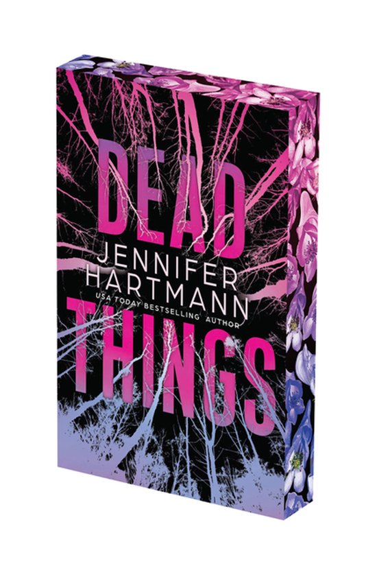 Boekomslag van 'Dead Things' met roze, paarse en blauwe takken en bloemen op een zwarte achtergrond. De titel 'DEAD THINGS' is in grote roze letters.