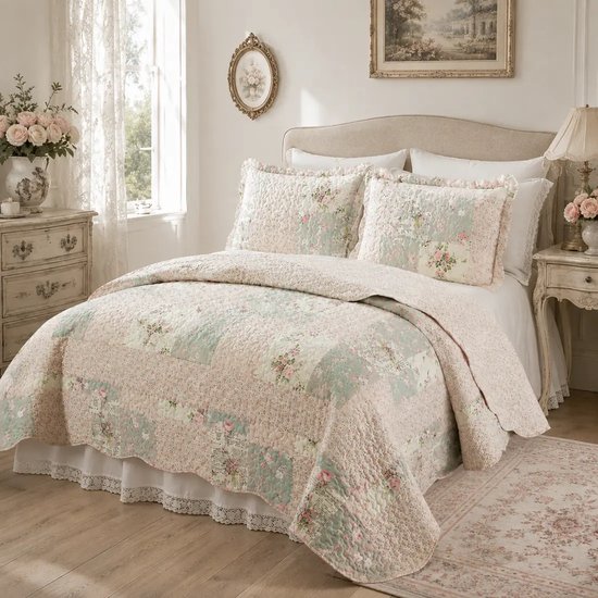 Patchwork sprei met roze en mintgroene bloemenprints, kant en kanten rand.