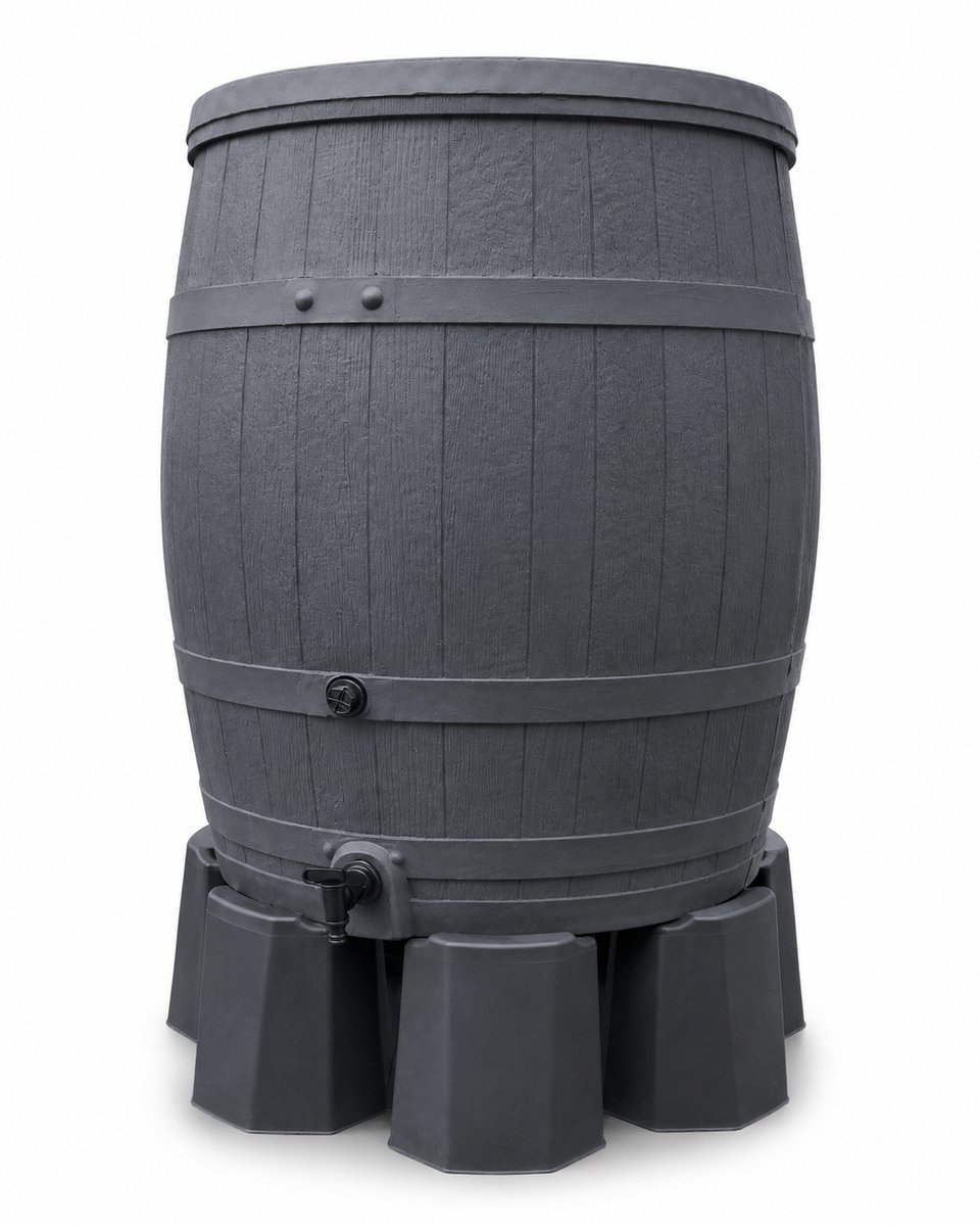 Regenton voordeelset: Regenvat 235L met houteffect + deksel + tapkraan + vulautomaat 70/80mm + standaard