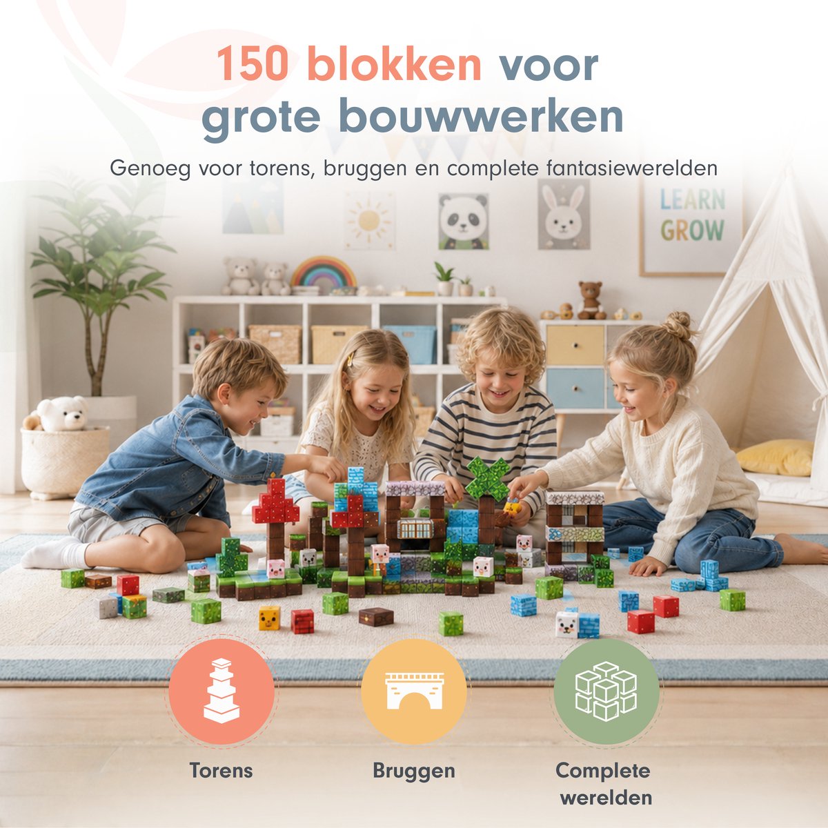 Sweet Sprout Magnetische Blokken - 150 stuks - Speelgoed - Magnetic Tiles - Blokken - Magnetic Cubes - Bouwstenen - Bouw jouw magna wereld - Magneten speelgoed - Constructiespeelgoed — cadeau in Spellen & Speelgoed - foto 4
