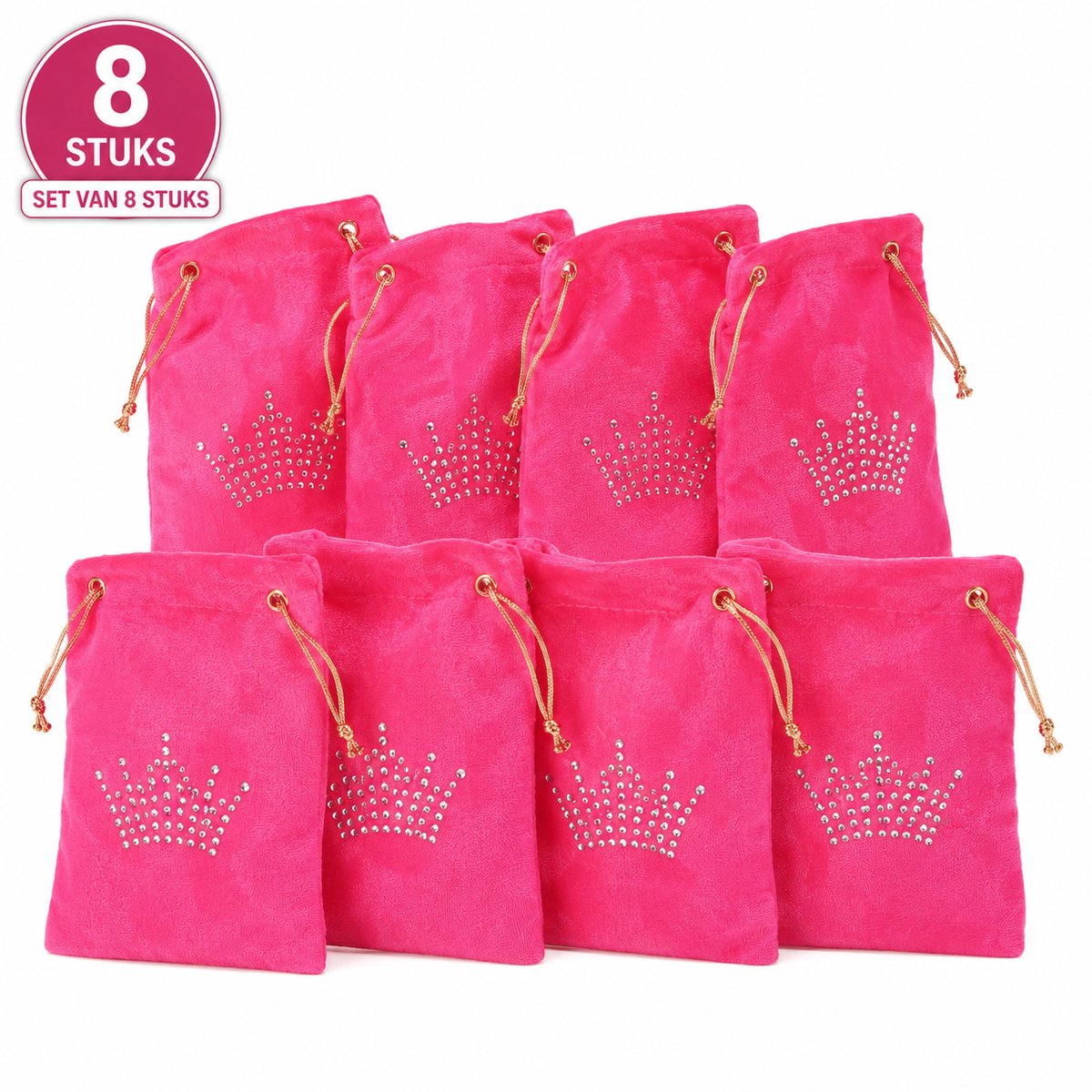 Roze Knikkerzak Prinses – Set van 8 – Fluwelen Opbergzakjes met Kroon & Trekkoord – Kinderfeestje – Feestartikel