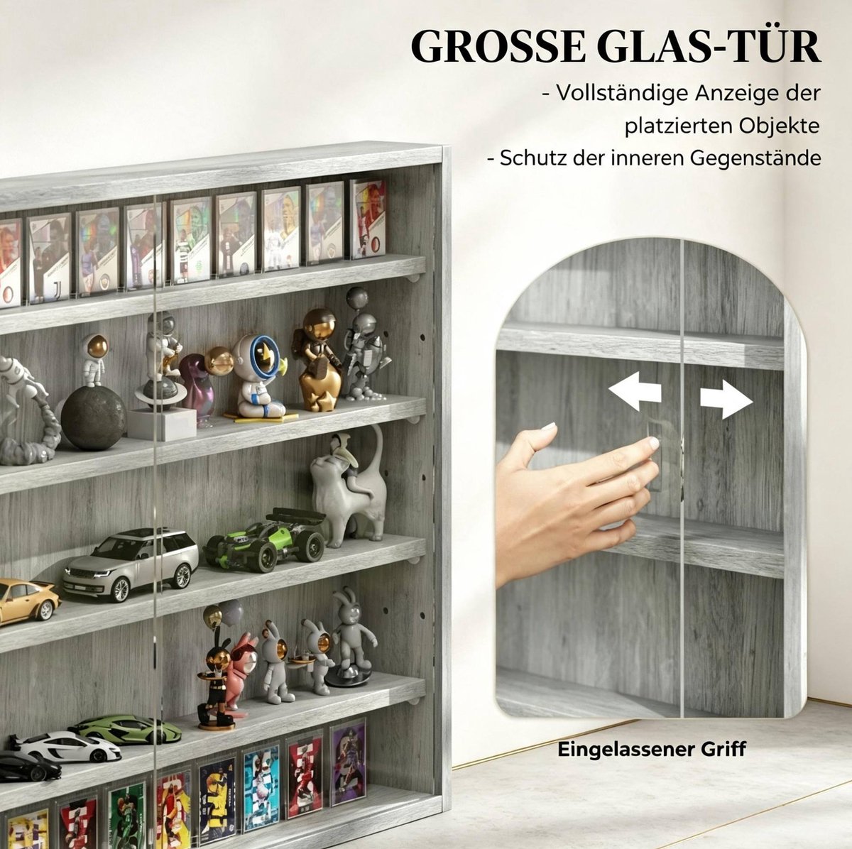 OKWISH Vitrinekast Wandmodel Met 2 Schuifdeuren 4 Verstelbare Planken Voor Collecties En Decoratie Grijs 80 X 9,5 X 60 Cm