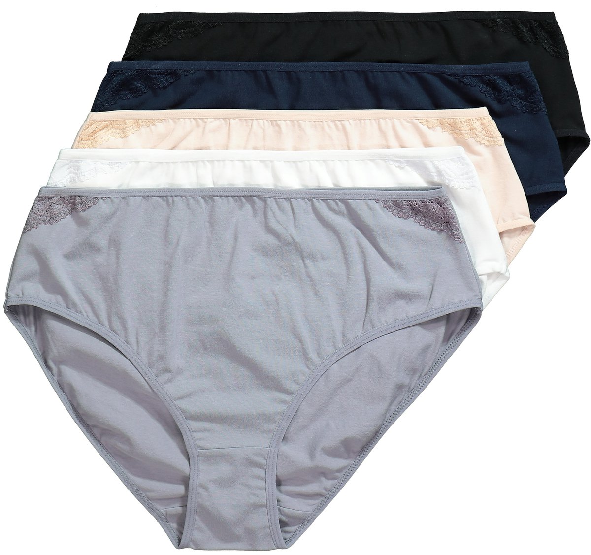 Ulla Popken - Dames - Midislips set van 5 met kleine kanten inzetstukken - Zwart - Maat 58+