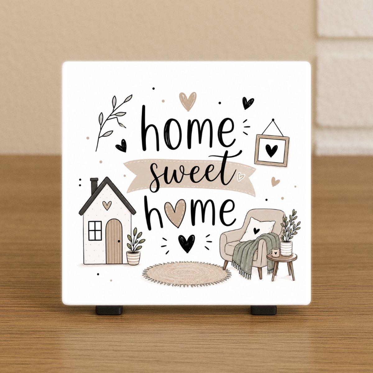 CreaCraft Spreuktegel “Home sweet home” - Woondecoratie – Housewarming cadeau – Nieuwe woning – Cadeau tegeltje – Trendy nu – Vriend(in), Collega, familie – Zomaar – Cadeau – Incl standaard – Wenstegeltje – Cadeau idee