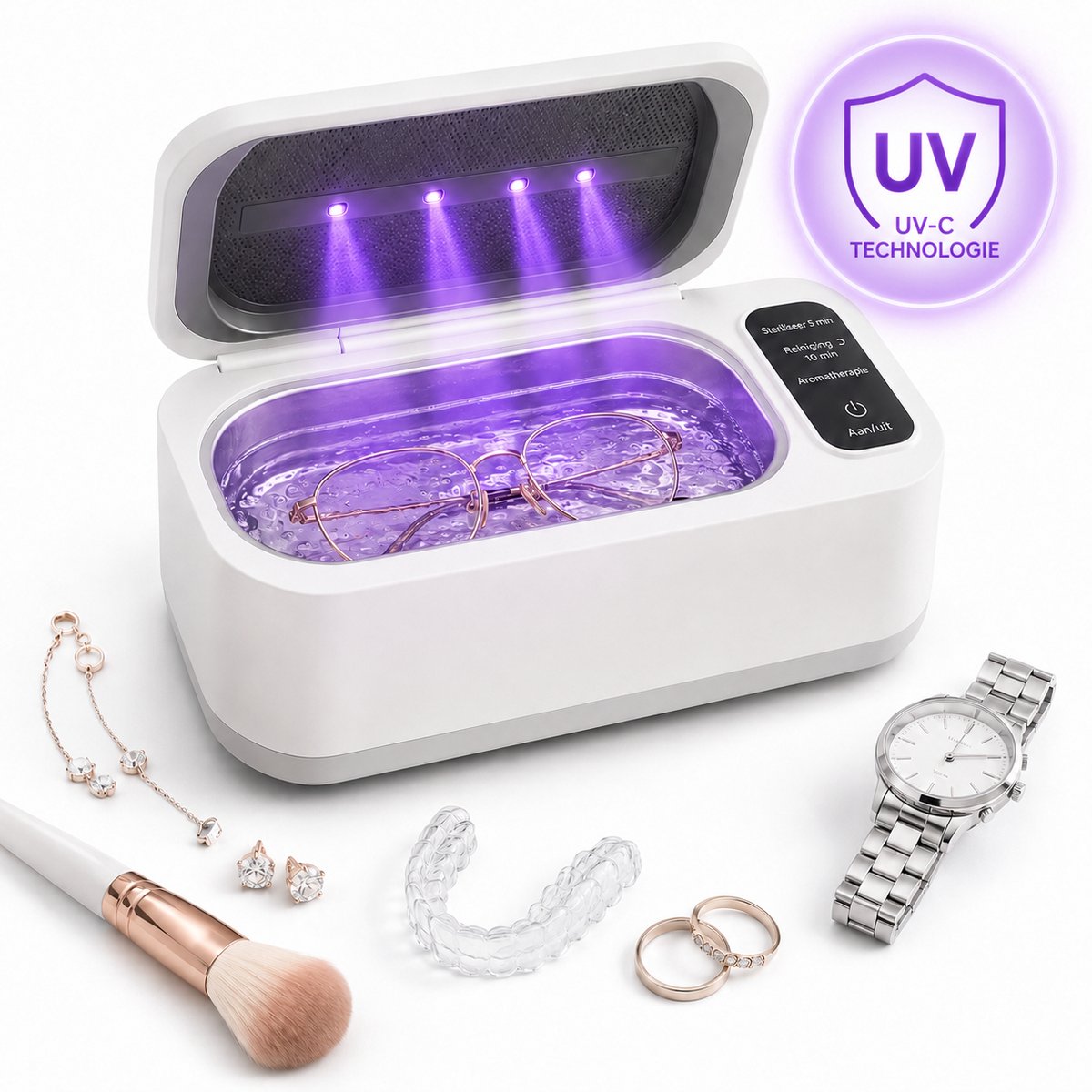 Sercano Ultrasoon Reiniger met UV – Diepe Reiniging voor Brillen, Sieraden, Horloges & Retainers – 350 ml – 50 kHz – 4 Modi