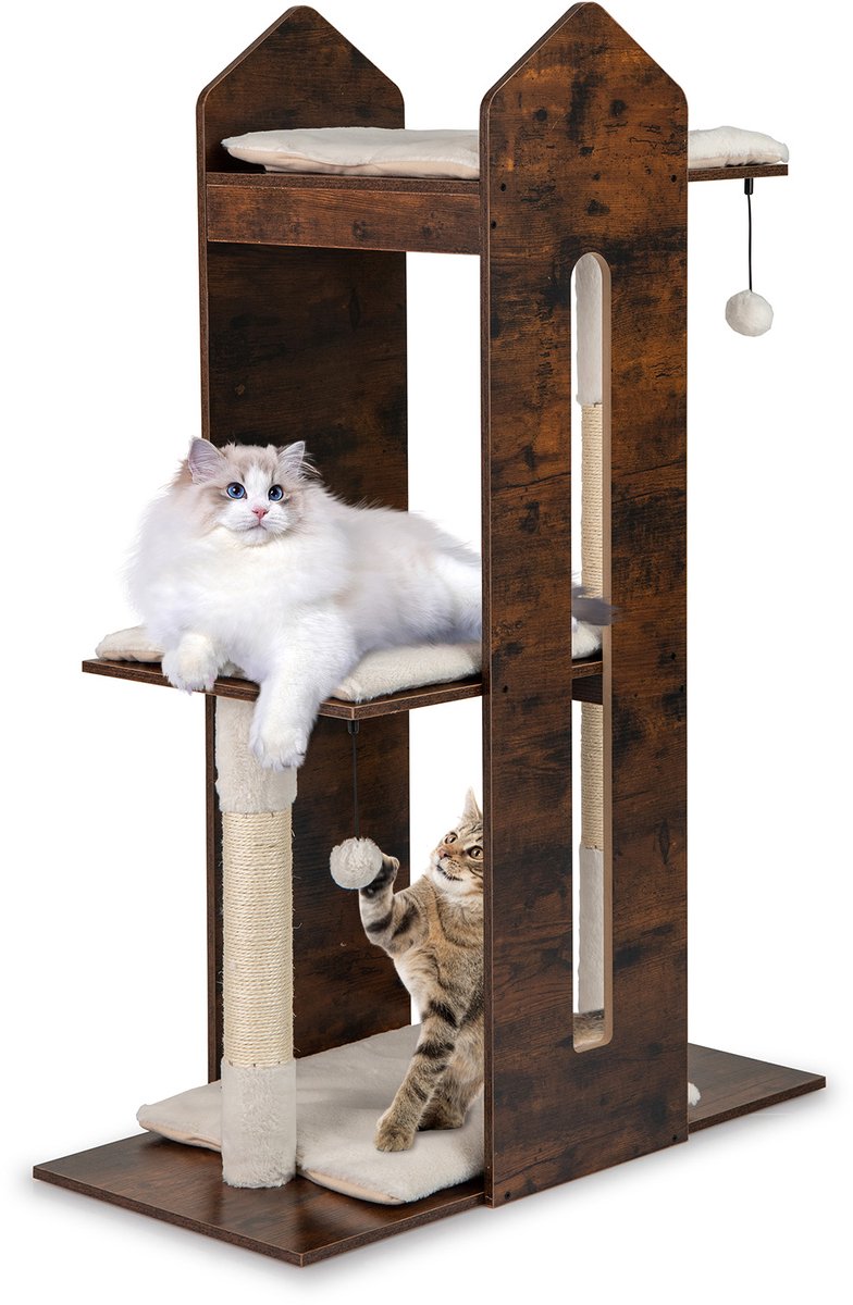 COSTWAY Krabpaal van hout, 120 cm, kattenboom met krabzuil, 3 platforms, ballen en afneembare kussens, kattenkrabpaal katten, klimboom, activiteitsboom, vintage bruin