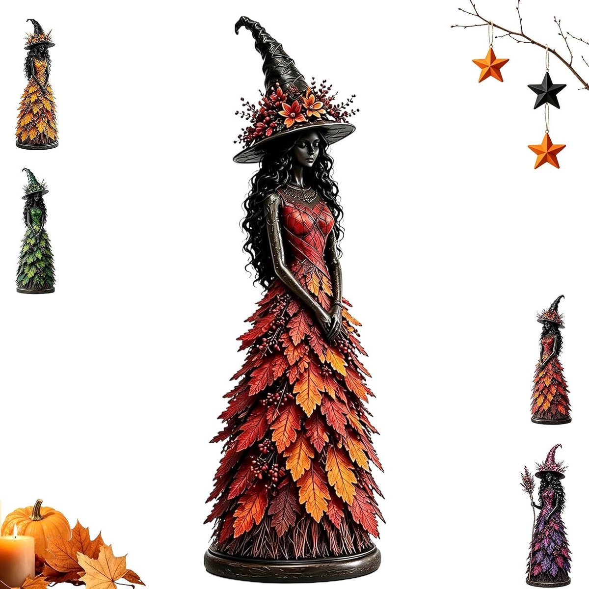 Halloween heksenbeeldje van hars, gotisch heksfiguur in maxi-jurk met bladpatroon, herfst decoratie, hoogte 17 cm, voor schoorsteenmantel, tafelblad en woonkamer, cadeau voor liefhebbers van Halloween-decoratie Oranje