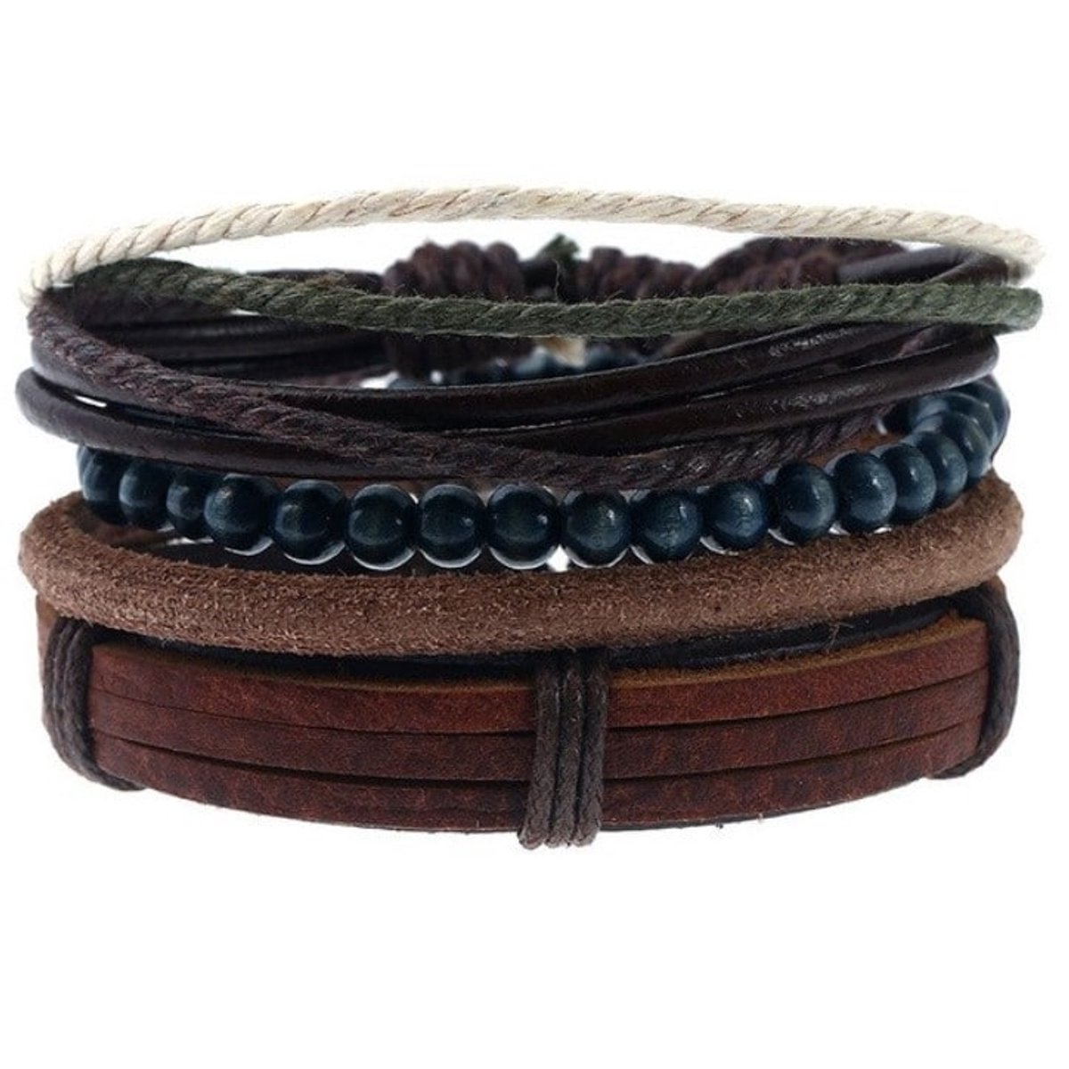 Heren Armbandenset Bruin Zwart Groen – Kralen & Leren Look – Verstelbare Surfer Armbandjes – Boho Bohemian Stijl