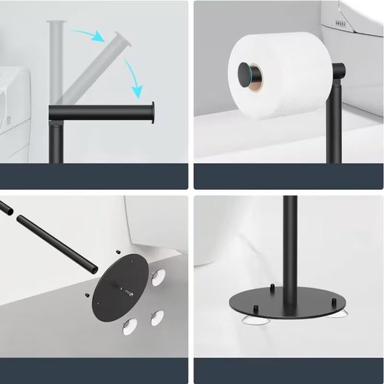 Zwarte toiletrolhouder, gedemonteerd en details van de montage.