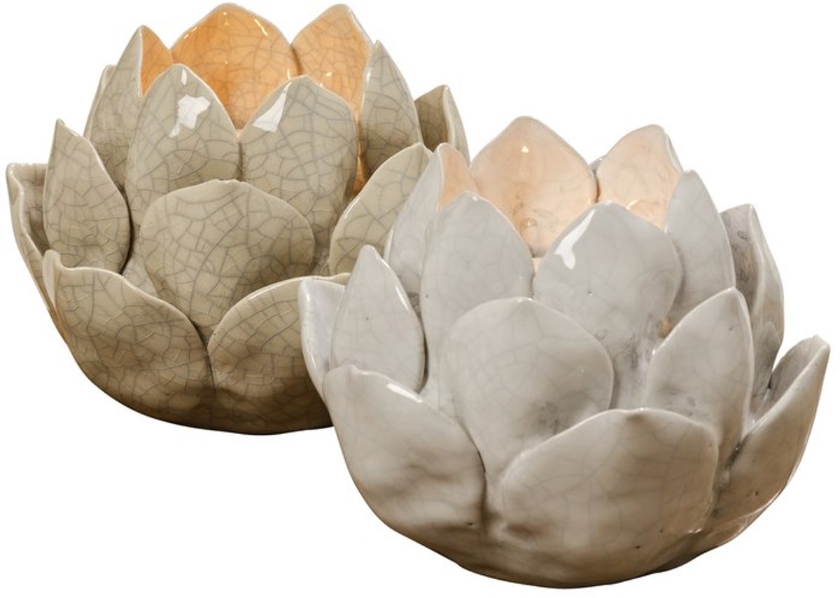 Boltze - Waxinehouder - Kaarsenhouder - Set van 2 - Beige en Wit - Keramiek - 13x10cm -