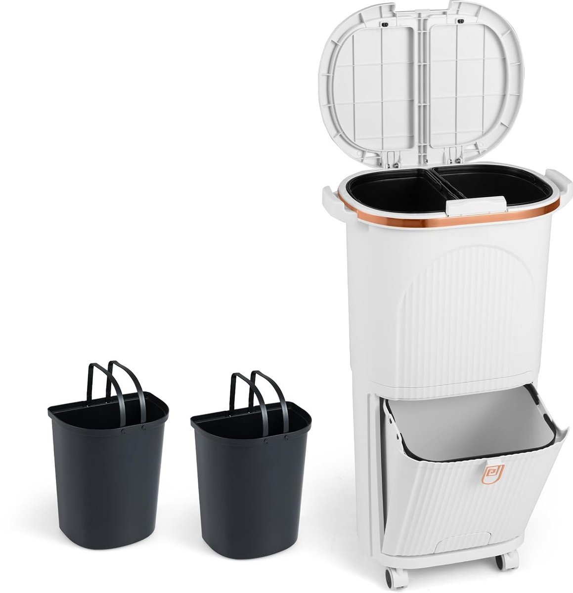 COSTWAY Vuilnisemmer keuken, afvalscheidingssysteem, 3 vakken, 2 x 12 l binnenemmer en 14 l pedaalemmer met wielen, dubbel deksel, pedaal en haken, pedaalemmer afvalverzamelaar voor keuken, badkamer