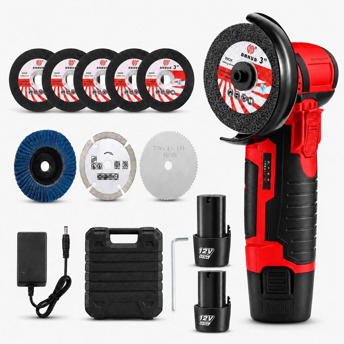 Accu Haakse Slijper 12V – 76 mm Mini Slijptol – 19500 RPM – Brushless – Inclusief 2 Accu’s en 8 Schijven