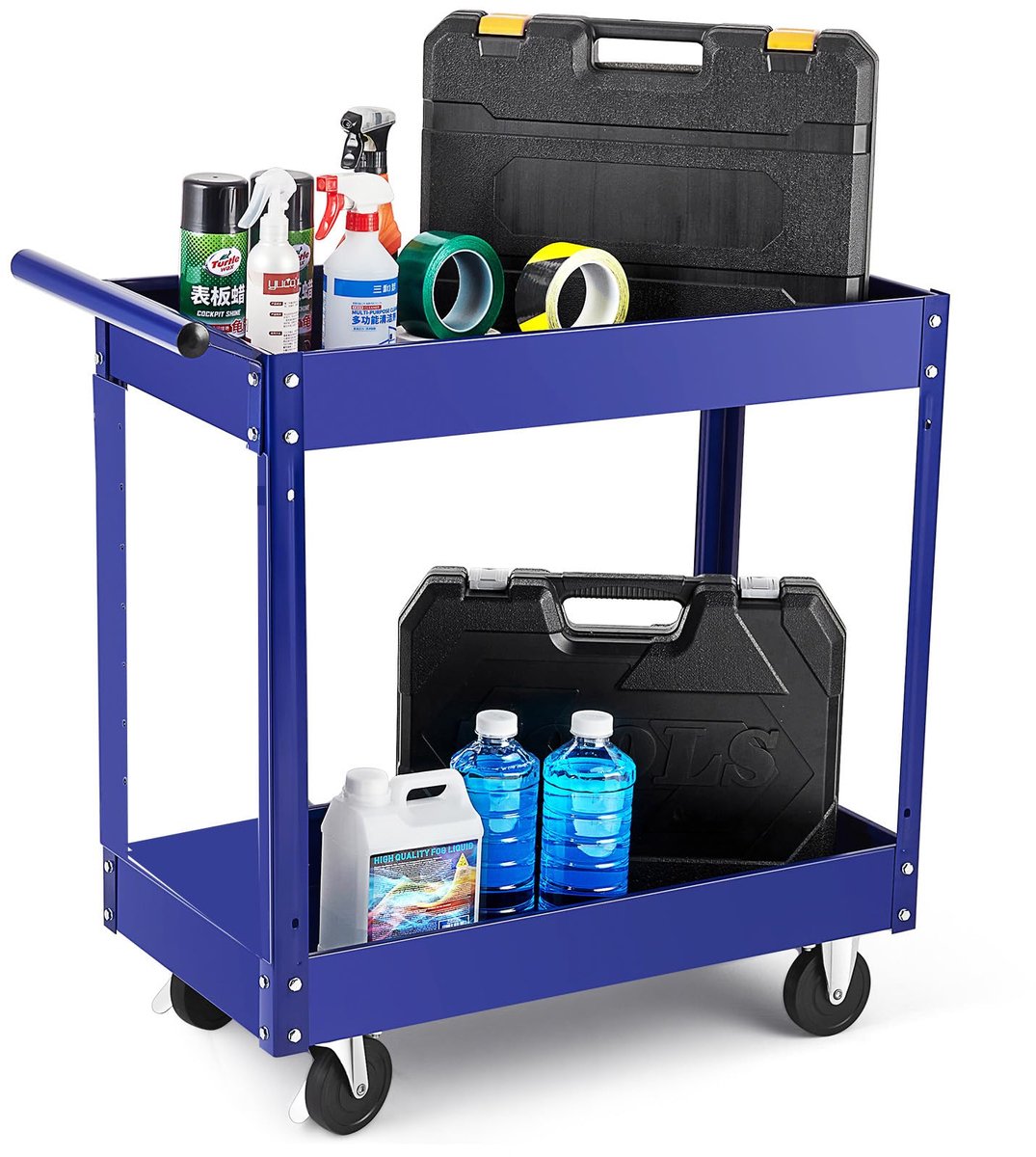 HoerFuriy - Zware‑Duty Gereedschapswagen Met 2 Legplanken - Met Zwenkwielen En Remmen - Metalen Transportwagen Voor Garage, Werkplaats En Magazijn - Geperforeerde Plaat Zonder Gaten - Blauw