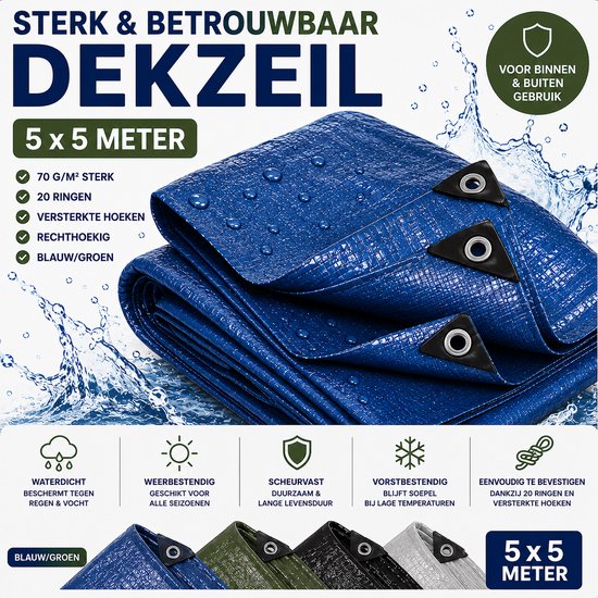 Blauw/groen MaxxGarden dekzeil van 5 x 5 meter, 70 g/m², met 20 ringen en versterkte hoeken.