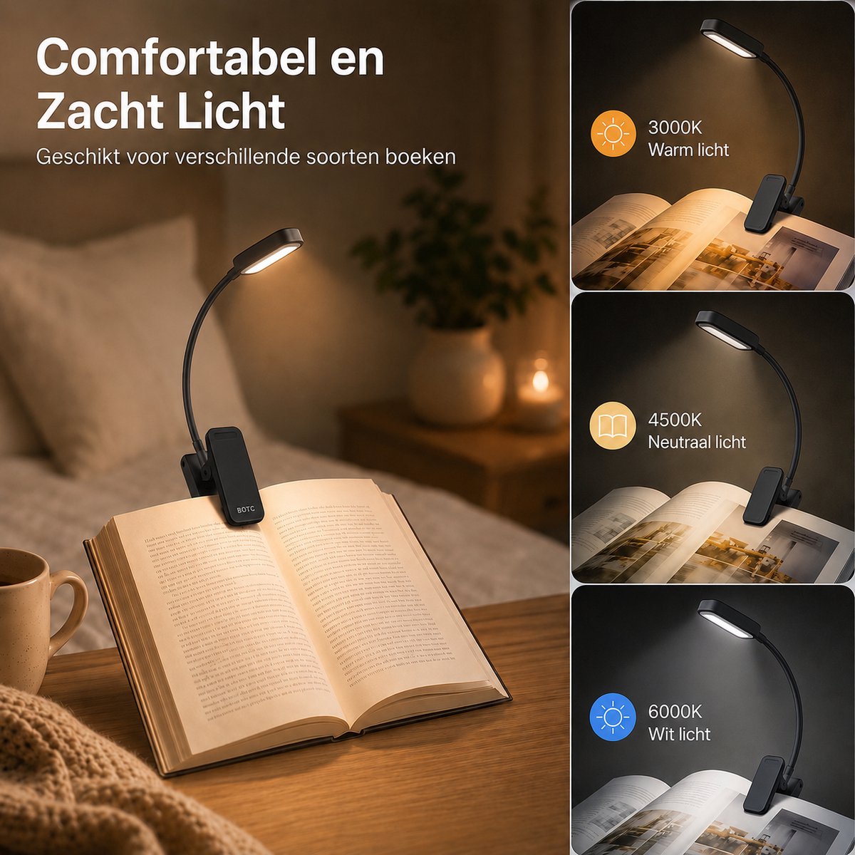 BOTC LED Leeslampje voor boek - 3 Lichtstanden & Oplaadbaar - Boeklampje - Klemlamp - Verstelbaar - USB Oplaadbaar - Zwart — cadeau in Gadgets - foto 8