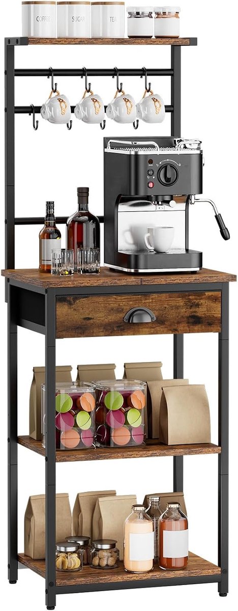 Home & Beyond® Keukenrek - Koffierek met 5 Planken - 8 Haken en Stoffen Lade - Bruin-Zwart - 43x33x134.5 cm