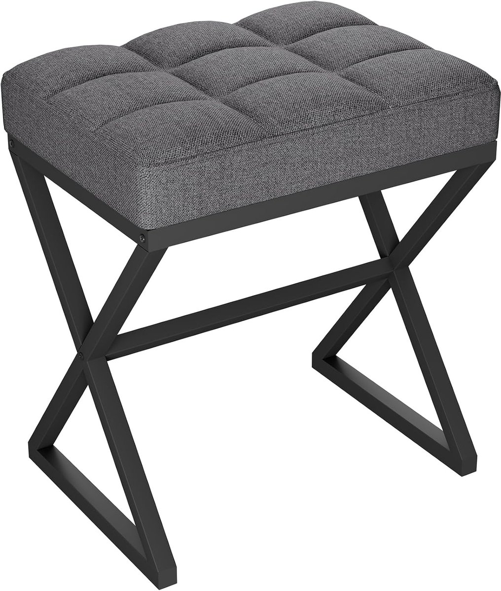Home & Beyond® Kruk met Gewatteerde Zitting - Stoffen Kaptafelkruk - X-vormig Metalen Onderstel - Donkergrijs - 46x30x40 cm