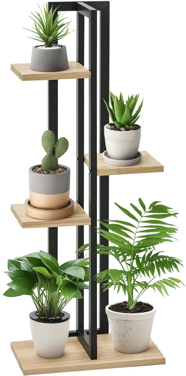 Plantenrek voor op de trap - bloemenstandaard voor binnenshuis - 4 niveaus - hout - verschillende hoogtes - industriële stijl - 45 x 25 x 110 cm
