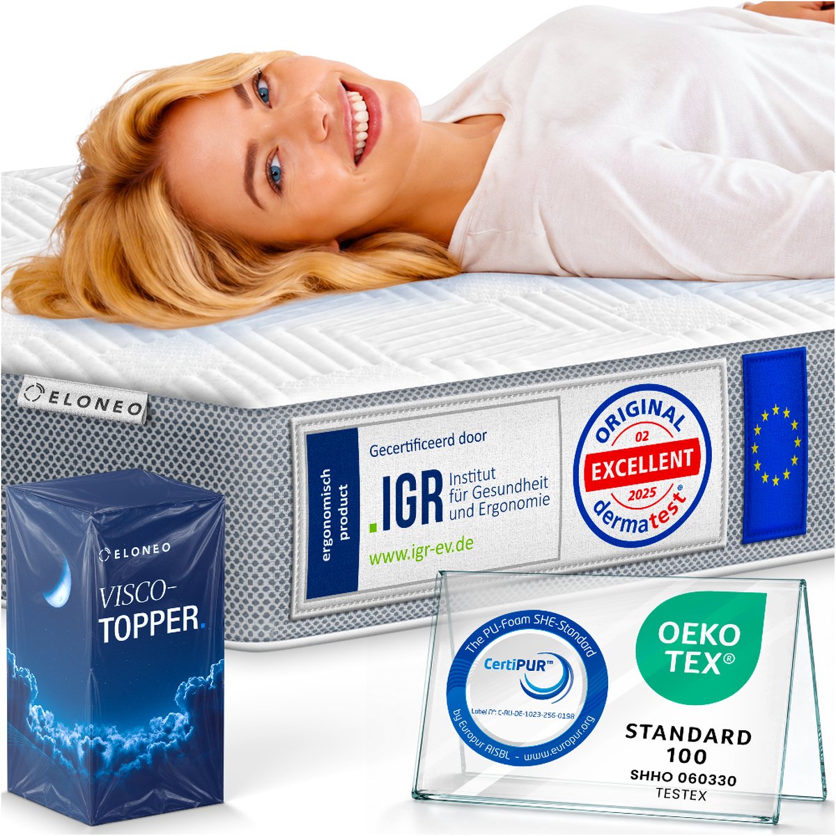 ELONEO Visco Topper 160x200 cm – 8 cm Hoog – Traagschuim Matras Topper met Hoeklussen en ademende Nethoes Wit