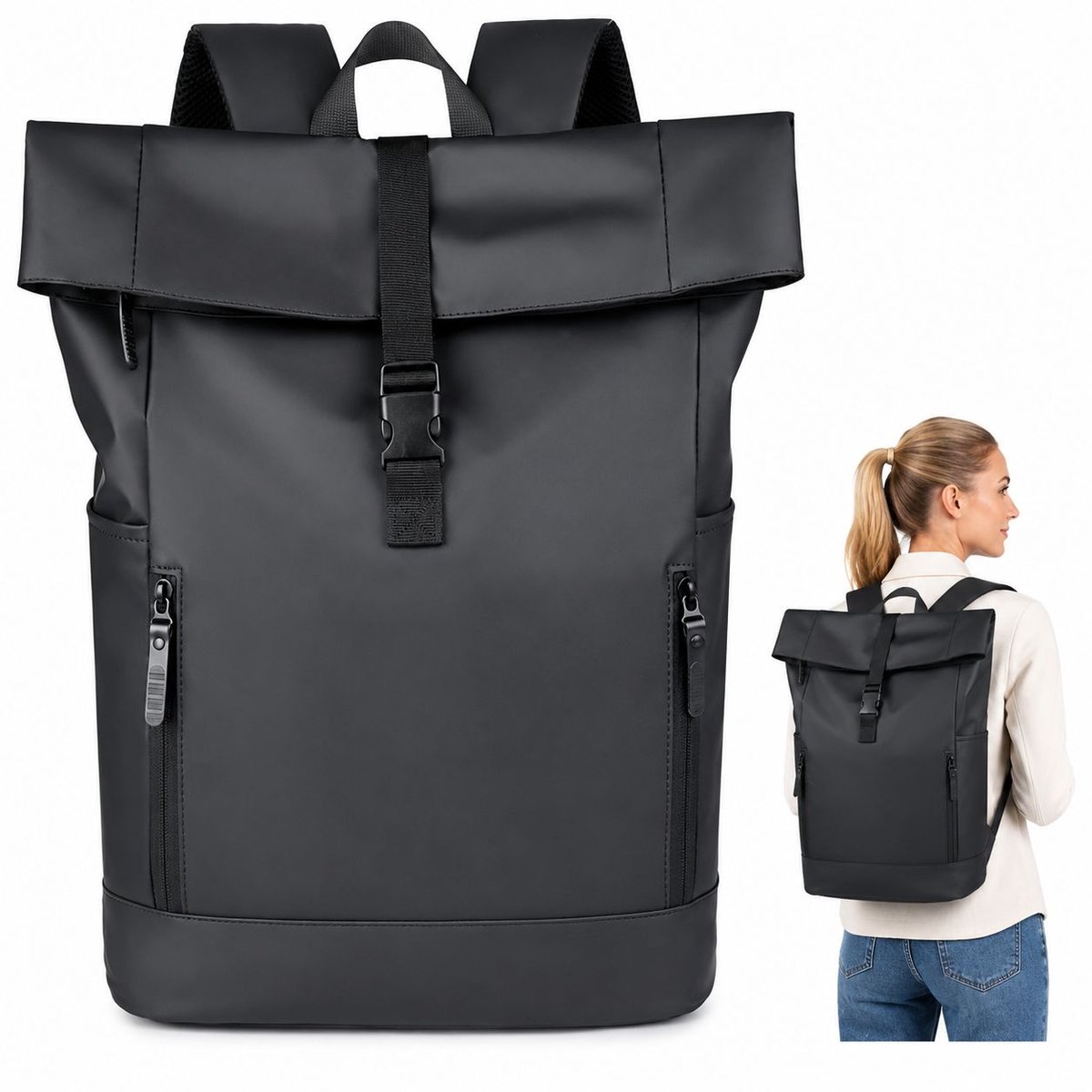 Bobypet - Rolltop rugzak - 35 L waterdichte fietsrugzak met 15 inch laptopvak - 42 x 32 x 17 cm - zwart