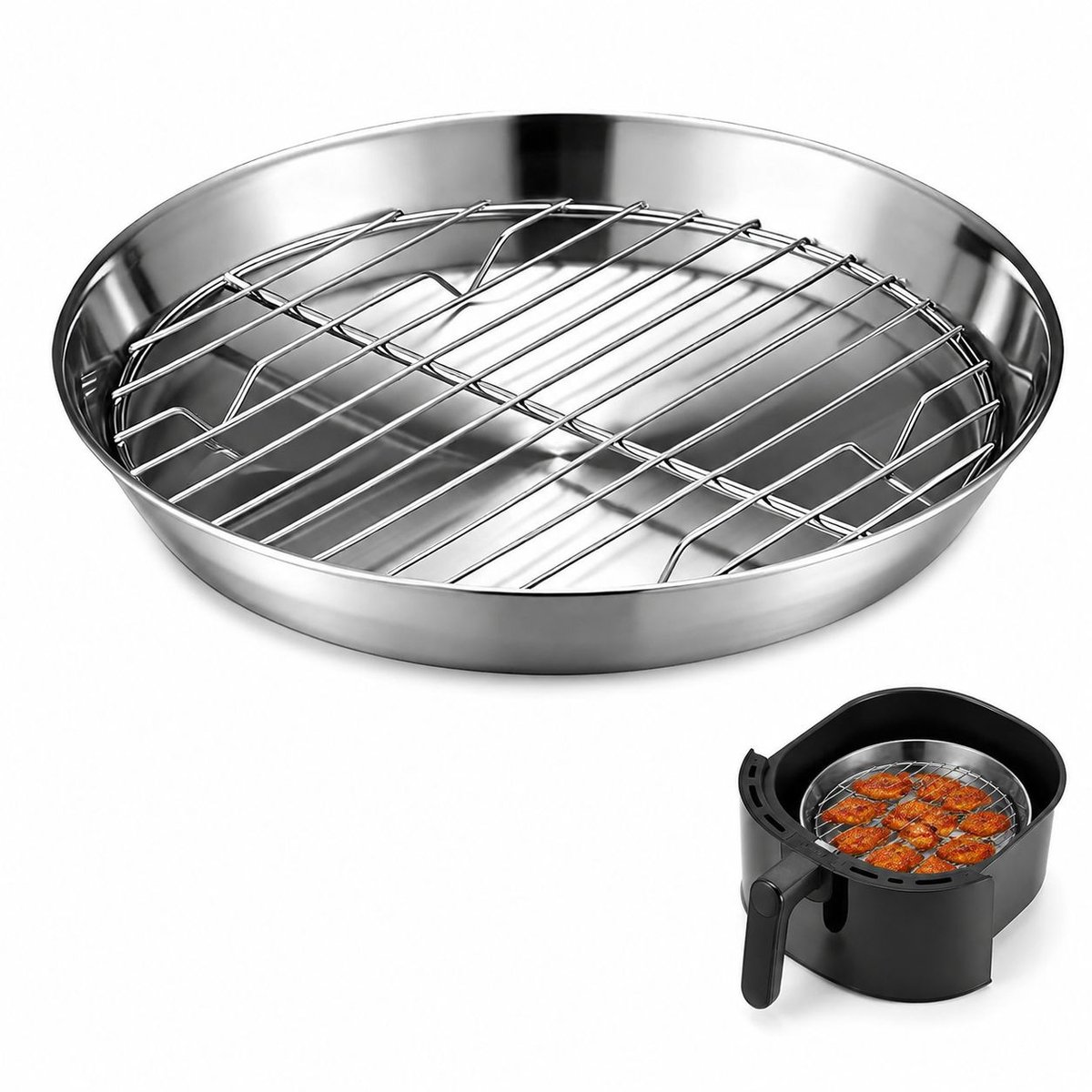 Bobypet - Airfryer bakvorm - 16 cm RVS 304 bakplaat met rooster - airfryer accessoire voor bakken en grillen