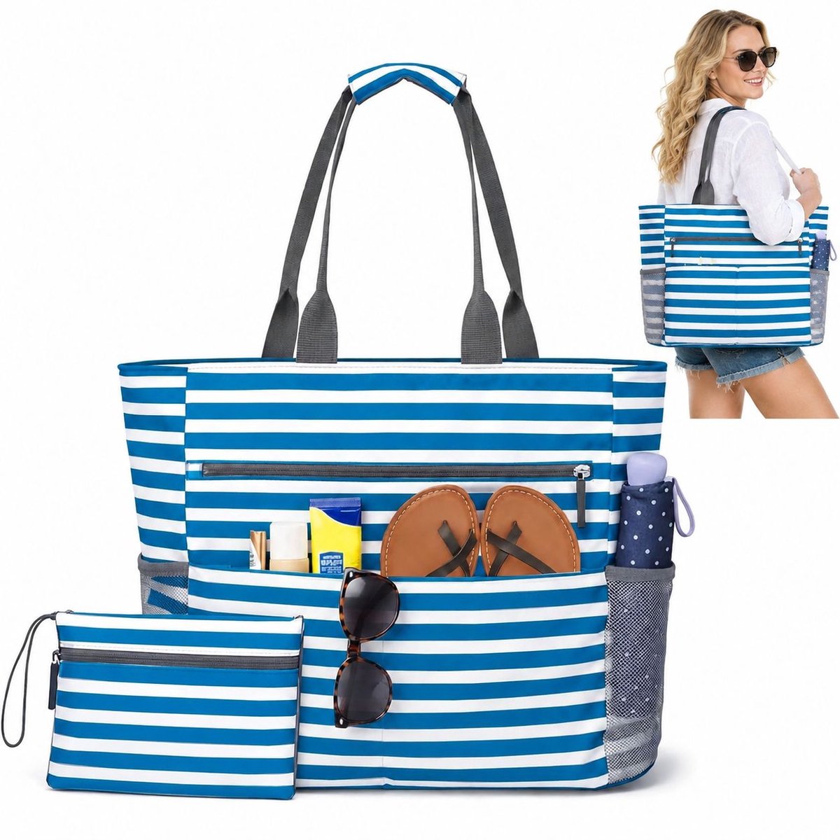 Bobypet - Strandtas dames - XL shopper 40 x 40 cm met rits en zijvakken - voor strand en vakantie - blauw-wit