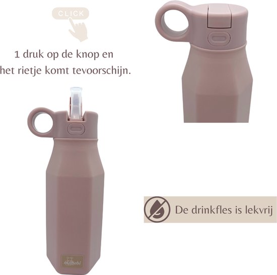 Mabebi - Drinkfles met kliksysteem 350 ml - Lekvrije drinkfles voor kinderen - Waterfles voor onderweg - Siliconen drinkfles met rietje - Schoolbeker - Premium roze van Mabebi — afbeelding 5