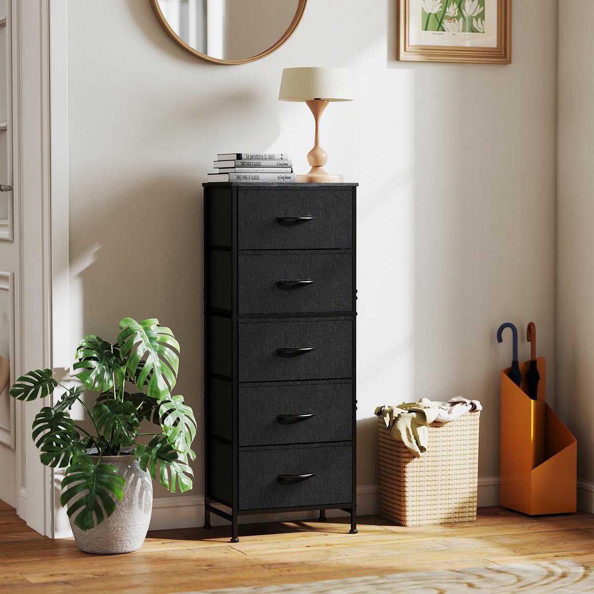 Opbergkast met vijf lades, zwart | Stoffen kast met afneembare opbergdozen, stalen frame, houten blad, meubel voor thuis, kledingkast, geschikt voor kinderkamers, studentenkamers en hal. Afmetingen: 45*30*115 cm