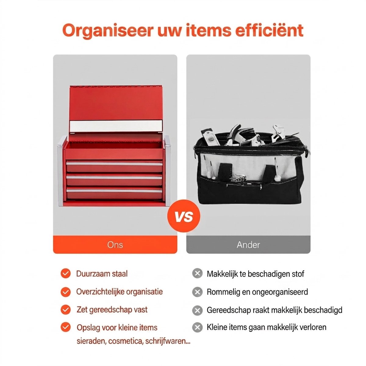 Metalen gereedschapskist - Gereedschapskoffer metaal - Kleine gereedschapskist - 3 Lades - Kogelgelagerd - EVA-voering - Gepoedercoat - Thuis - 21,8 cm - Rood — cadeau in Gereedschap - foto 4