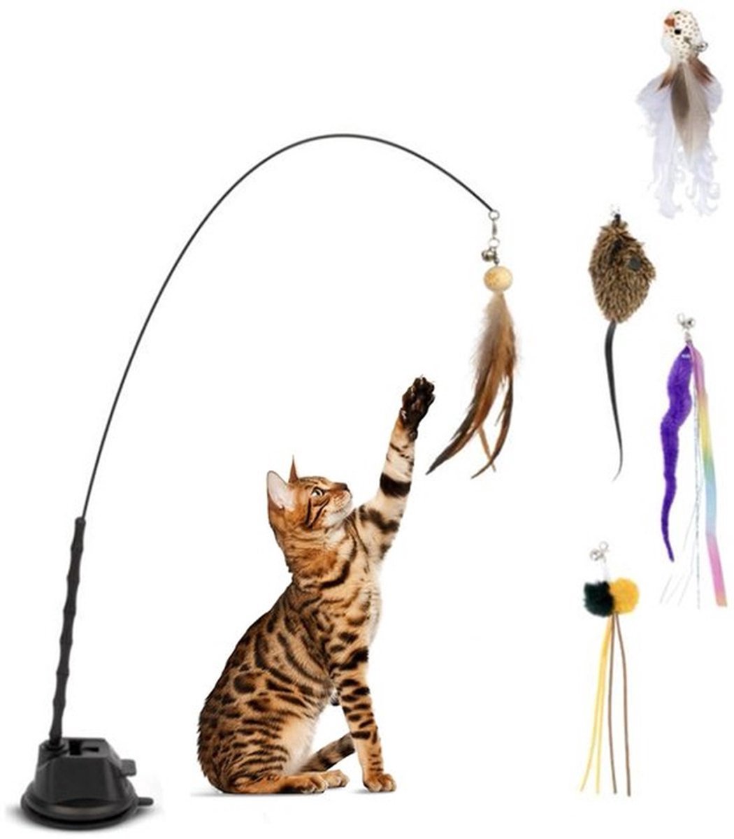 7 stuks Kattenspeelgoed met veren, interactieve kattenspeelgoedset met vervangende veren, kattenstokjes, zuignappenbasis, leuk oefenspeelgoed voor binnenkittens of katten