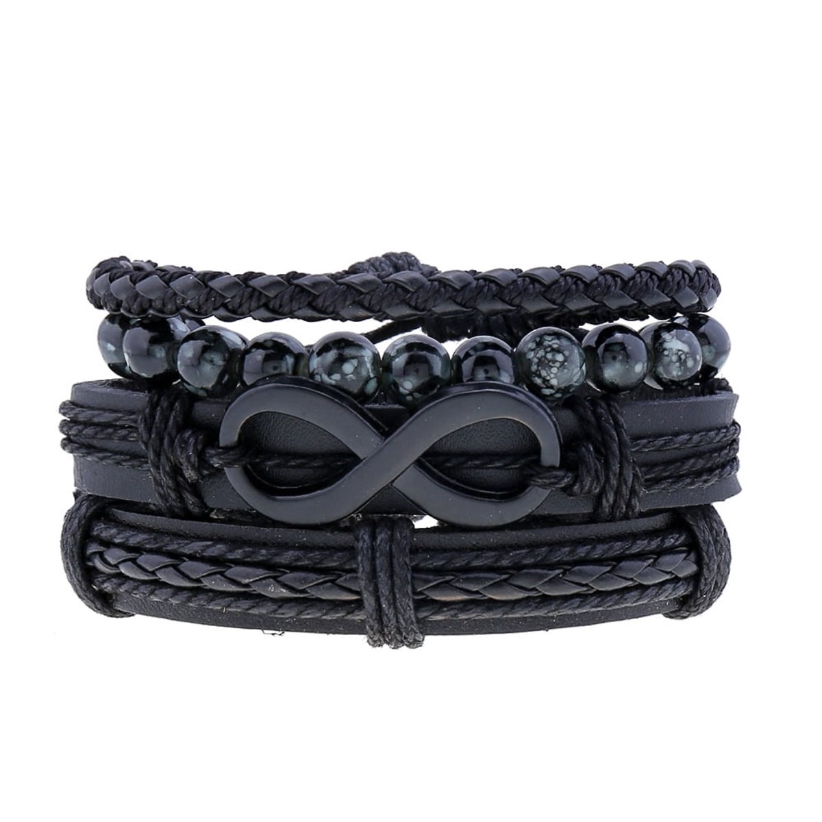 Heren Armbandenset Zwart met Infinity Symbool – Verstelbare Armbandjes met Kralen en Gevlochten Koord – Stoere Boho Surfer Stijl