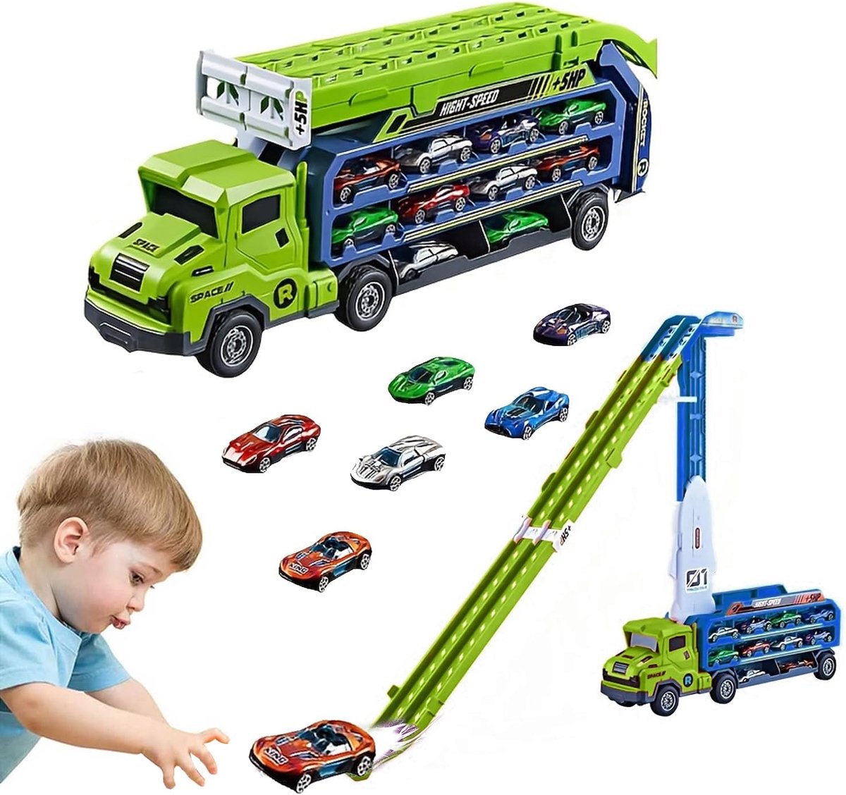BOTC 3-in-1 Racebaan met Autotransporter - 84 cm Uitklapbare Autobaan - Inclusief 6 Metalen Raceauto’s - Speelgoed voor Kinderen - Groen