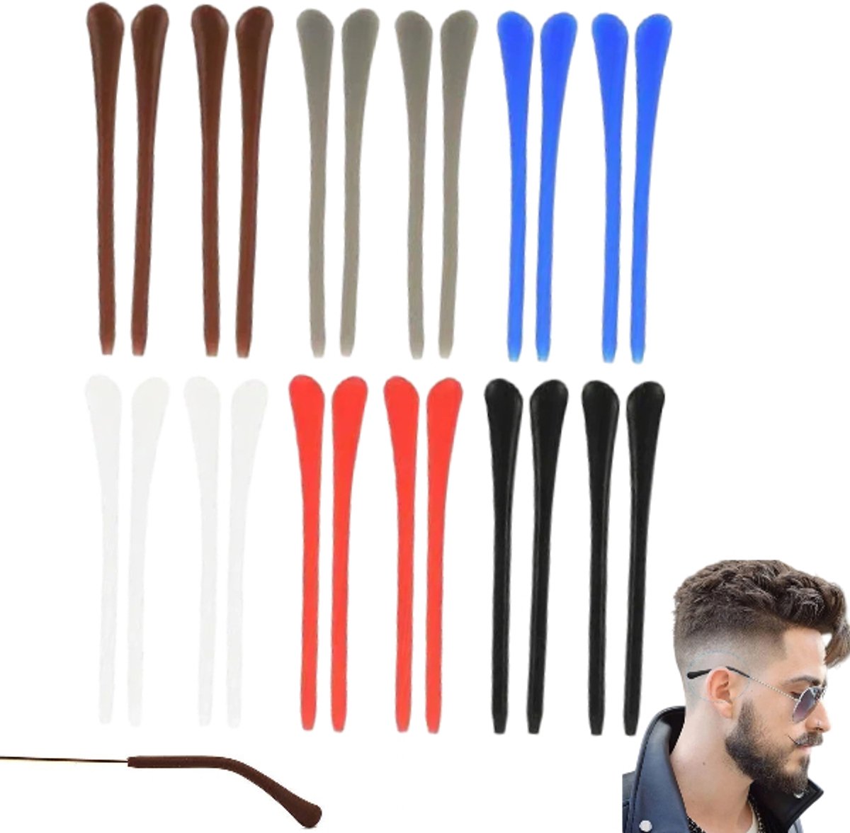 12 paar-Ronde siliconen brillenpootjes-Siliconen beschermers voor brillenpootjes-Siliconen oordopjes voor brillen-Flexibele oordopjes-65*7 mm-Zwart, koffiebruin,wit,blauw,rood,grijs-Antislip en comfortabel- Geschikt voor dunne metalen brillenpootjes