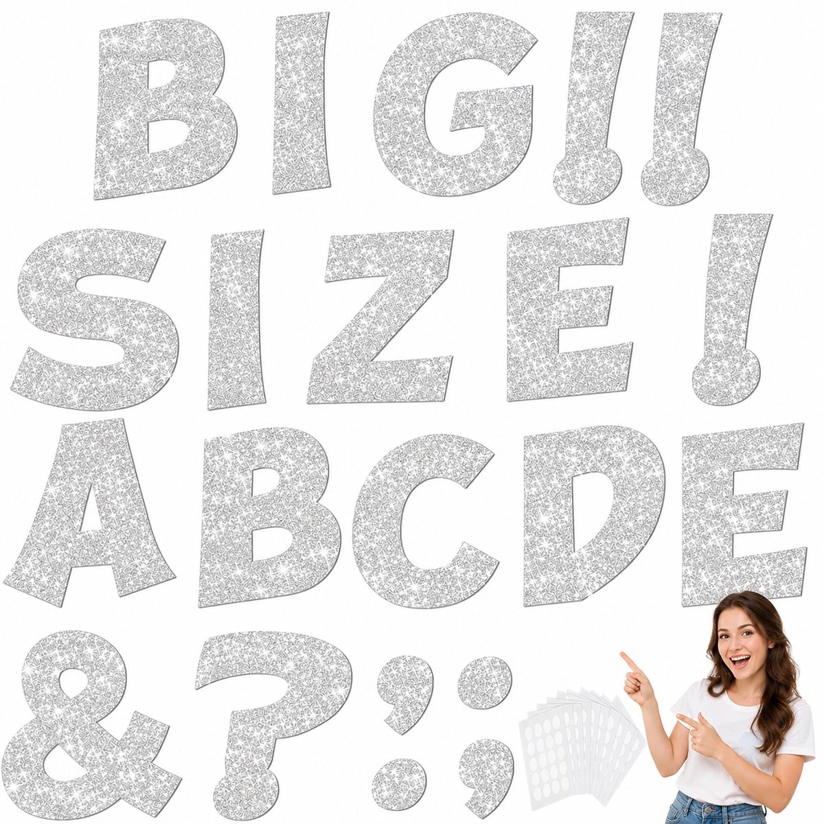 Glitterletterset voor prikborden – 124 letters (ca. 18 cm hoog) – 30 leestekens – 200 plakpunten – Geschikt voor klaslokalen – Decoratieve letters voor prikborden – Posterletters – Gemakkelijk te gebruiken – Zilver