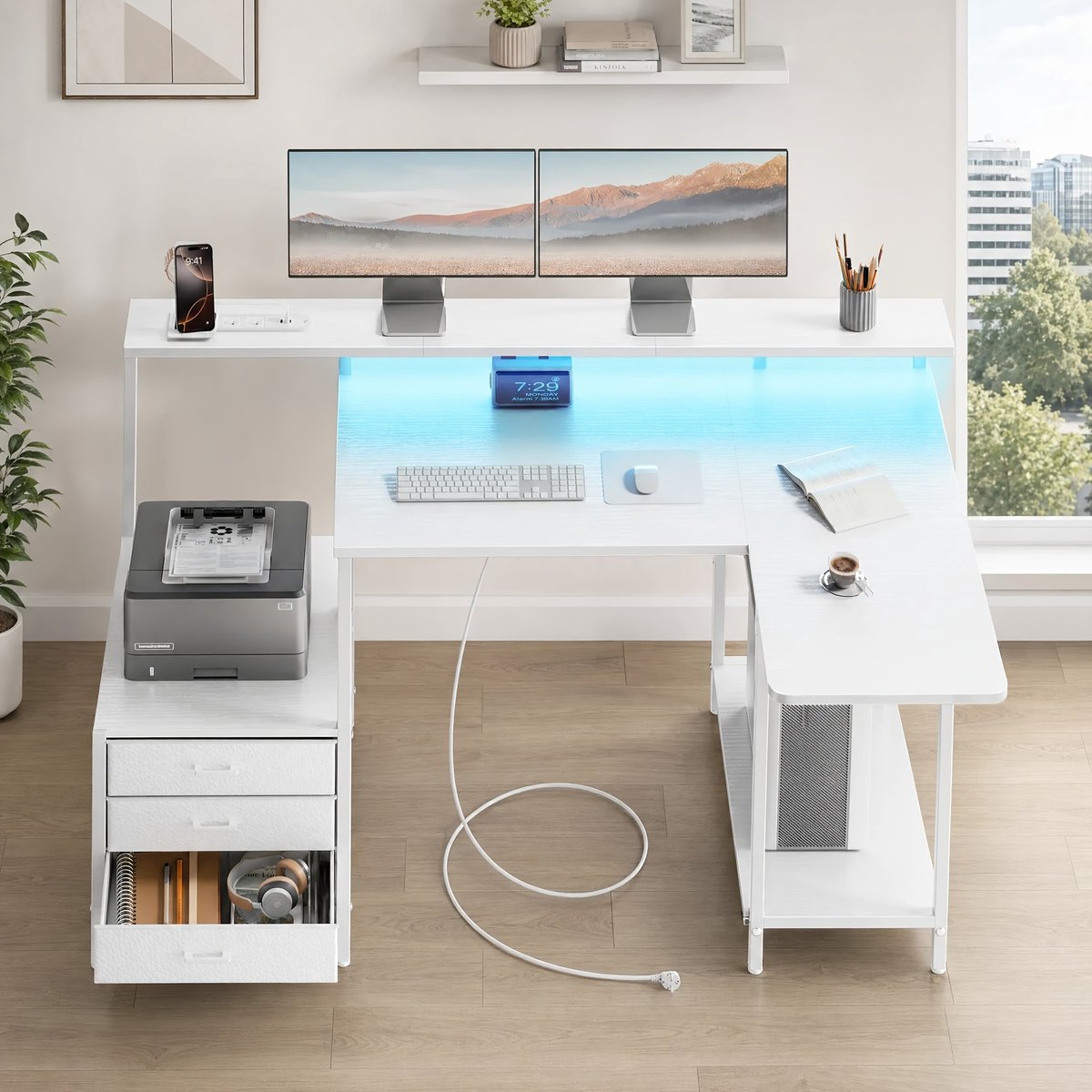 L-vormige Gaming Bureau met LED Verlichting, Stopcontacten en USB-poorten-WIT.