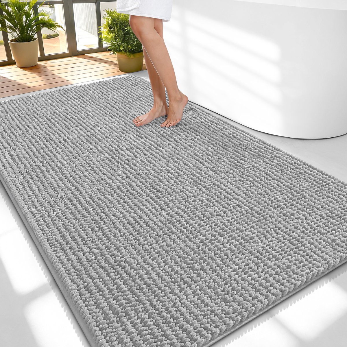 Olanly Badmat Antislip – Chenille Douchemat – Badmat Badkamer – Super Absorberend Deuropmat – Lichtgrijs – 89X150cm