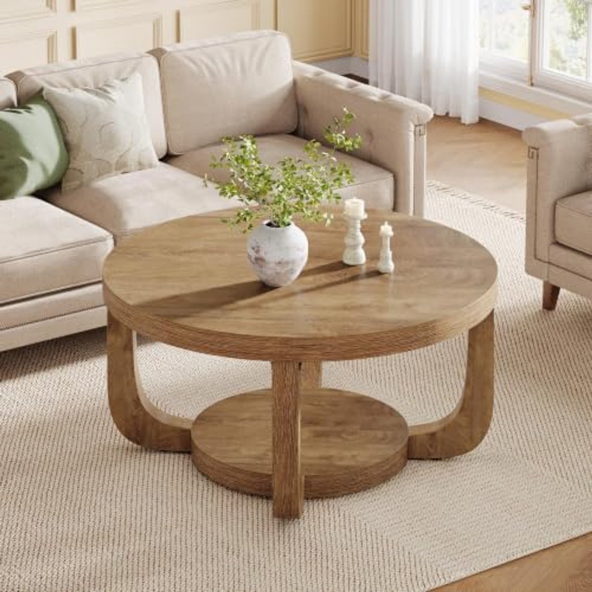 LITTLE TREE Ronde Salontafel - 80 x 80 x 40 cm - 2‑laags houten tafel met dik blad en basis - Met opbergruimte voor de woonkamer - Bruin