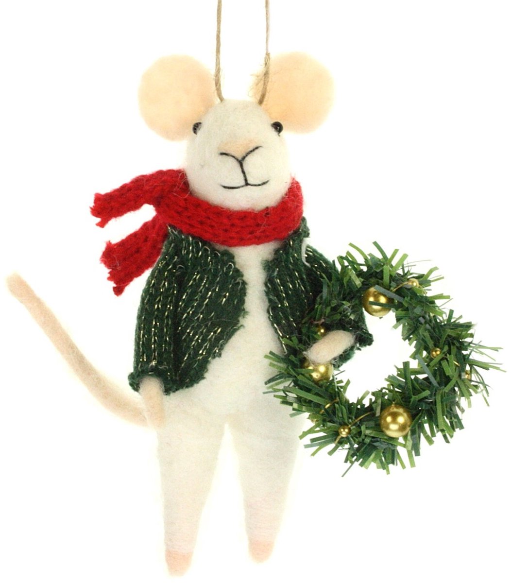 Muis met groene jas en kerstkrans hangend vilt 8,5x6,5x14cm