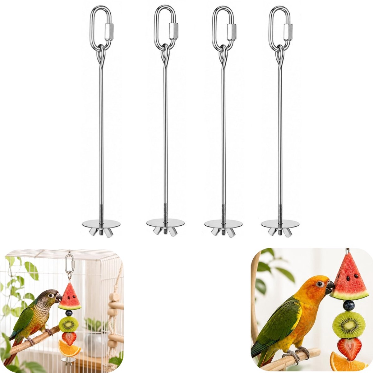 4 stuks zoekvoerspeeltjes - roestvrijstalen vogelvoeder - vogelkooi voederapparaat - buigt niet makkelijk - gemakkelijk schoon te maken - kan worden opgehangen - woonaccessoire - geschikt voor fruit en groenten, papegaaien, kanaries (zilver, 23 cm)